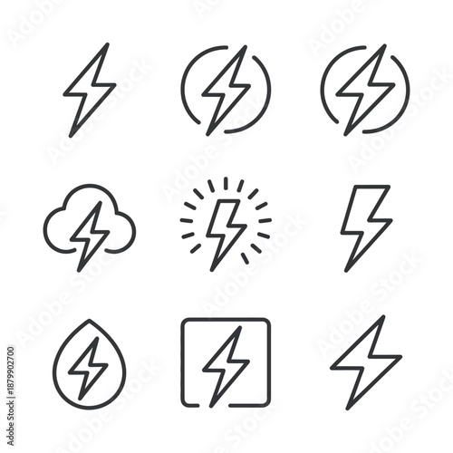 Lightning bolt outline icons set vector illustration, editable stroke, power, electricity, thunder, flash, energy, charge symbol collection