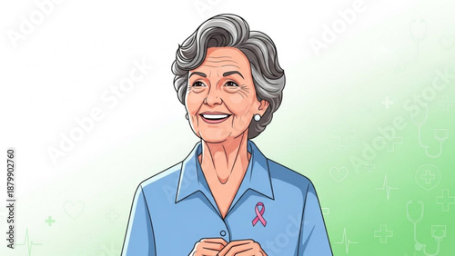 Smiling senior woman with pink ribbon on blue shirt supporting breast cancer awareness campaign