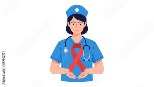 Female nurse in blue uniform holding red awareness ribbon for health support and care