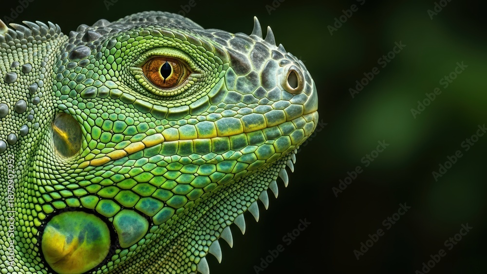 Obraz premium Vibrant Green Iguana Close-Up with Golden Eye