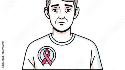 Man wearing a white shirt with a pink awareness ribbon on the chest symbolizing support and solidarity for a cause health and wellness concept