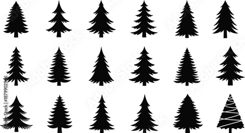 Minimal black pine tree silhouette icon collection featuring multiple evergreen shapes, forest elements, nature symbols, Christmas tree styles, flat vector design isolated on white background