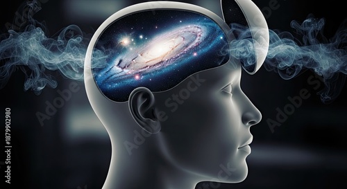 A human head with a galaxy inside it, surrounded by smoke. The concept of human cognition and imagination.