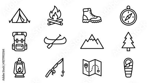 Camping and outdoor adventure line icons set. Minimalist vector illustration collection for hiking travel. Nature tourism symbols. Tent campfire backpack compass mountain lantern map.