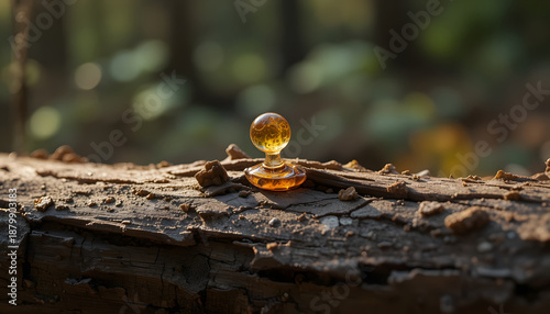 Single amber sap drop hangs on a weathered pine stem