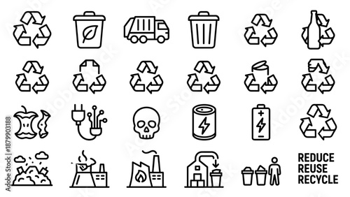 Recycling waste management line icons set. Sustainable ecology vector symbols. Garbage disposal trash pollution eco-friendly signs. Environmental protection. Reduce reuse recycle.