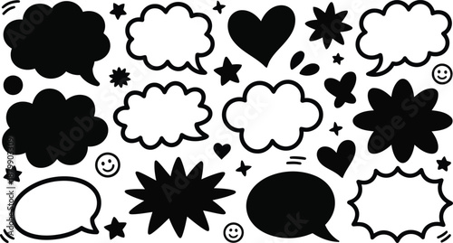 A diverse collection of black and white speech bubbles thought bubbles hearts and star shapes