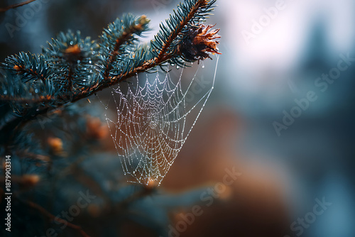 A delicate spider web hanging from the branch