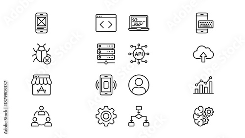 Mobile app development line icons set. Coding and programming symbols. Software engineering interface. UI UX design vector kit. Digital technology concept. Minimalist outline style.