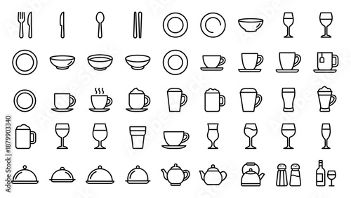 Restaurant cutlery and dishes line icons set. Vector collection of tableware. Fork, spoon, knife, plate, bowl, cup. Minimalist kitchen equipment. Food service symbol. Cafe menu design.
