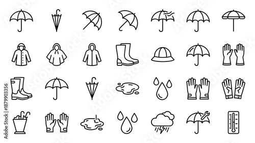 Umbrella and rain gear line icons set. Weather collection. Waterproof clothing, rubber boots, raincoat, drop, cloud. Autumn season outfit. Protection symbol. Simple outline design.