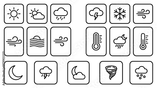 Weather forecast status line icons set vector. Meteorology symbols app interface. Climate elements sun cloud rain snow storm. Minimalist widget isolated outline pictogram graphic.