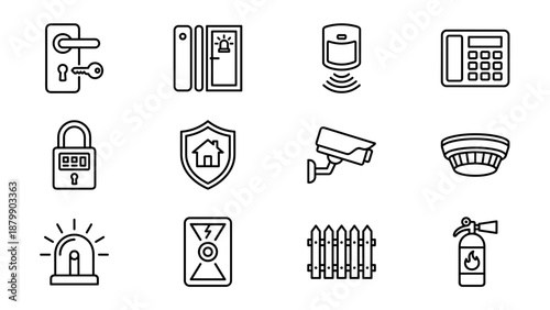 Home security icons. Smart house system line icon set. Protection and safety symbols. Surveillance camera, alarm, sensor, key, lock, shield. Burglar alarm technology. Safe home concept.