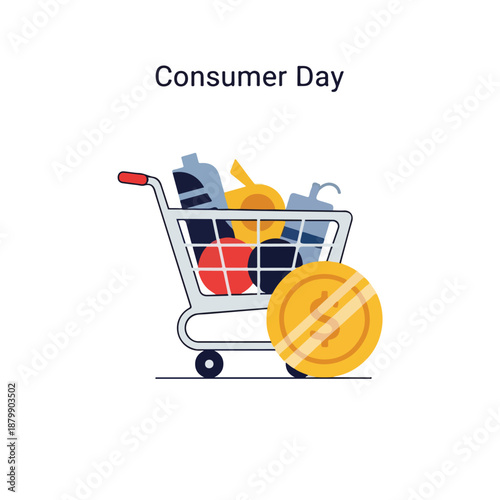 Consumer Day Shopping Cart with Groceries and Coin