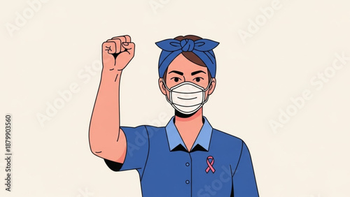 Empowered woman wearing protective face mask and blue uniform with red awareness ribbon fist raised in solidarity and strength