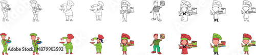 Cartoon Chef and Baker Characters with Food Items Collection