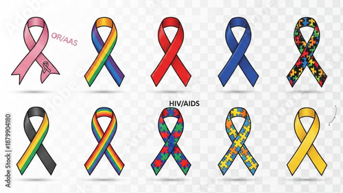 Colorful awareness ribbons for various causes and support symbols