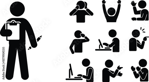 A diverse collection of black stick figures illustrating various human actions and common business tasks