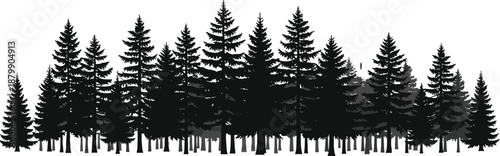 Set of black pine forest tree silhouettes and coniferous evergreen clusters featuring spruce and fir woodland elements isolated on white for mountain landscape nature design