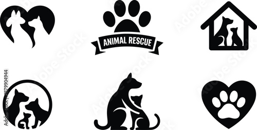 A diverse collection of six black silhouette icons representing animal welfare and loving pet homes