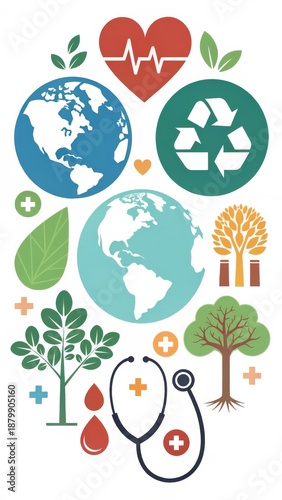 Global health and sustainability initiatives earth infographic nature aerial perspective environmental awareness