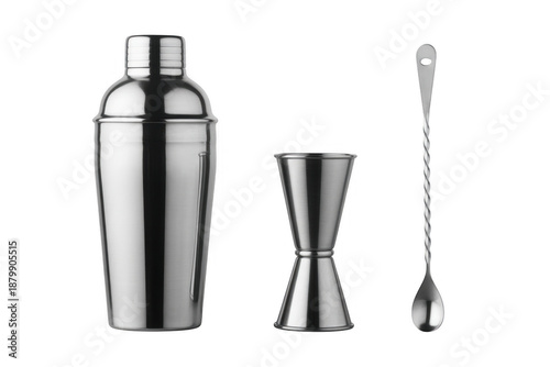Cocktail shaker set with jigger and spoon barware mixology isolated on a transparent background