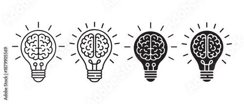 Lightbulb Brain Icons. Concept of Idea, Innovation, and Intelligence.