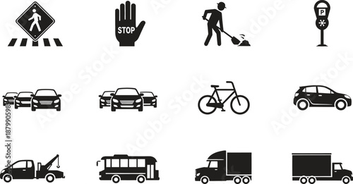 black and white silhouette transportation icons set