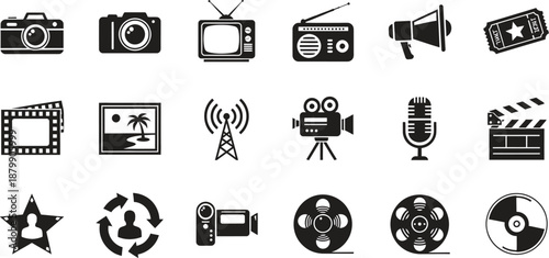 black and white media icons on white background