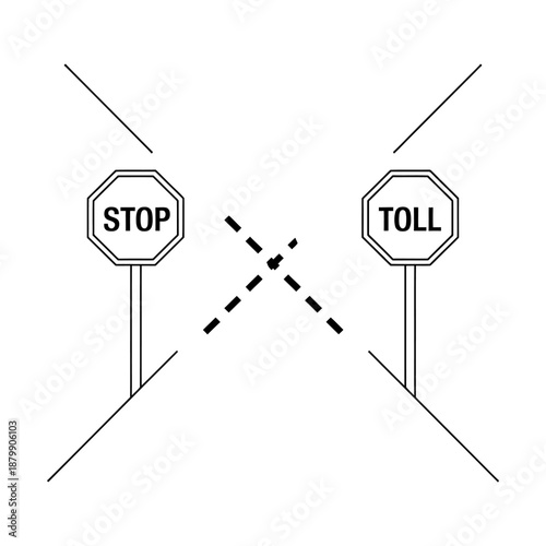 Vector illustration of stop and toll road signs with dashed dividing line