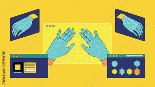 Flat vector illustration of a hand holding a laptop computer with a world map screen for global business communication and internet technology network concept created with generative ai
