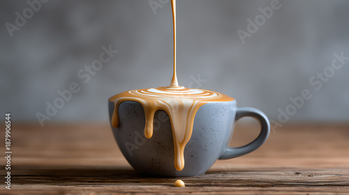 Latte art overflowing from grey cup with milk cascade on wooden surface lifestyle minimalist image