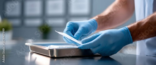 Close-up of medical professional wearing blue gloves preparing sterile surgical instruments on metal tray in clinical environment