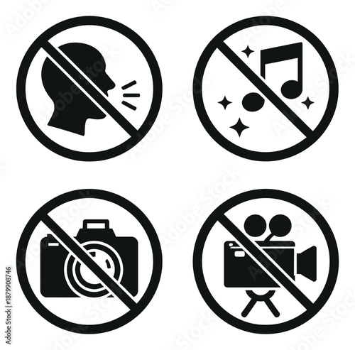 Modern icon prohibition signs set featuring no talking, no music, no photography, and no video for public regulations