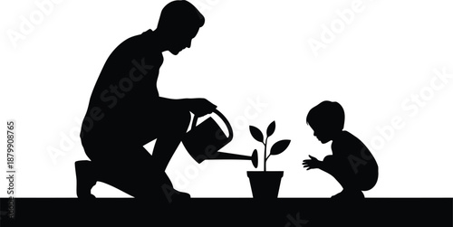 A gentle father and his attentive child nurture a developing plant with water together