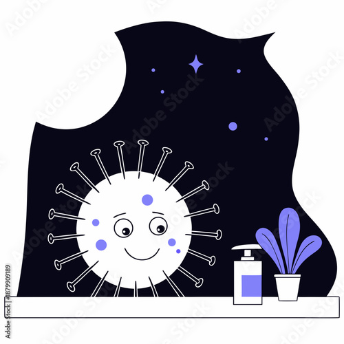 Cartoon virus smiling with hand sanitizer and a plant at night