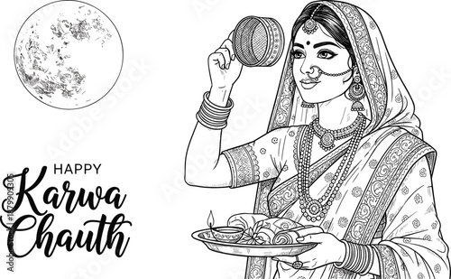 Detailed black ink sketch vector for Happy Karwa Chauth featuring a woman performing rituals with a textured moon.