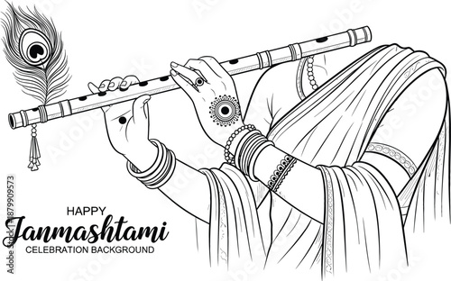 Detailed black line-art vector for Happy Janmashtami featuring hands playing a flute with a peacock feather sketch.