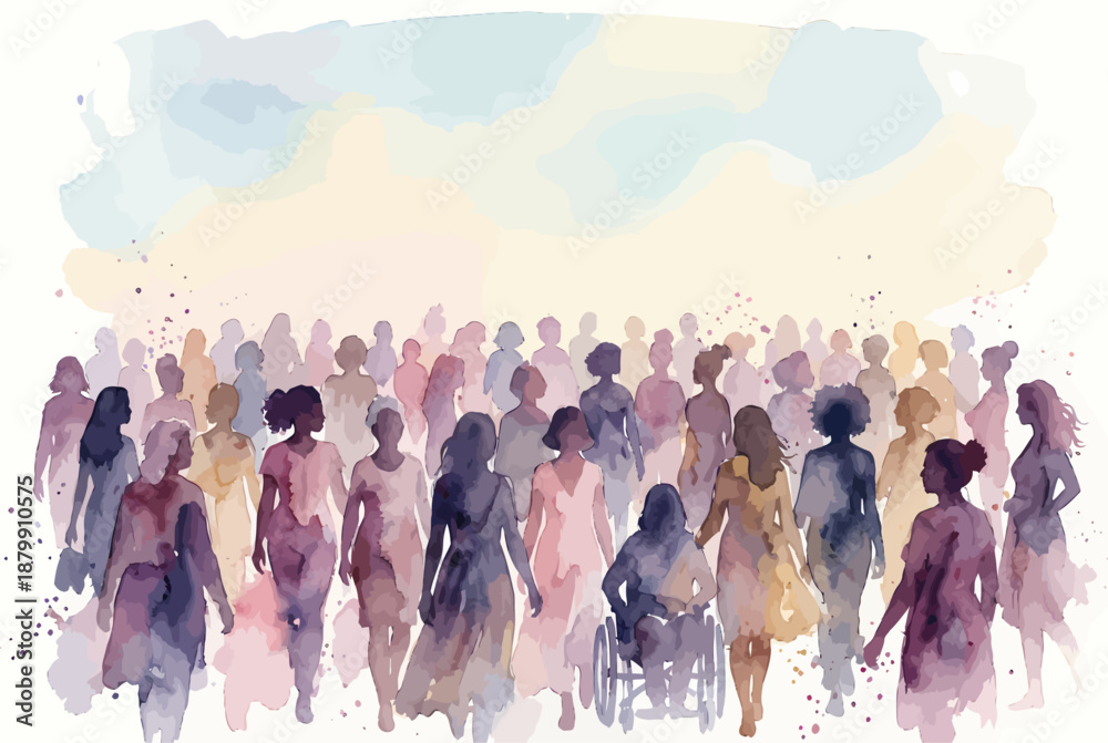 Naklejka premium Diverse group of women walking together in watercolor style.