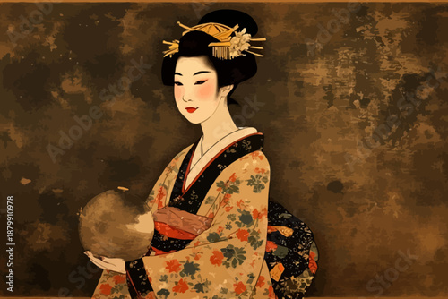 Elegant geisha holds mirror upscaled, traditional Japanese attire, serene expression, gold ornament, floral kimono