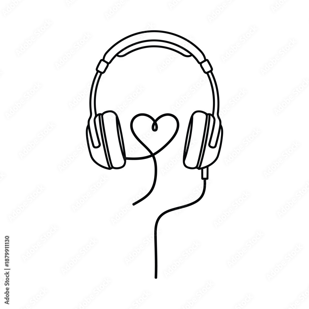 Obraz premium Headphones with Heart Shaped Cord on White Background music audio