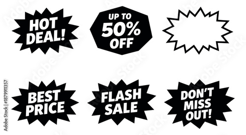 Graphic explosion bubble set featuring various promotional texts and a blank template for marketing and sales