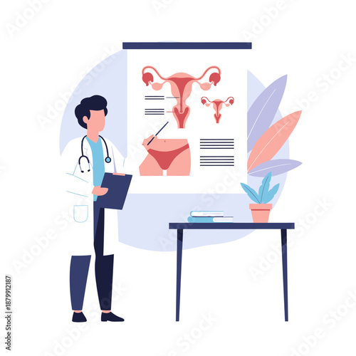 Doctor Explaining Female Reproductive System Diagram.