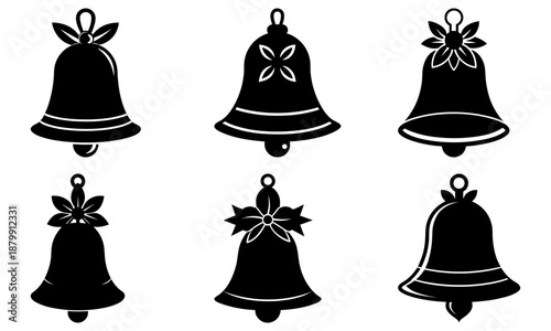 Six Black and White Bell Silhouettes with Floral Decorations on Transparent Background