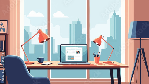 A sunlit modern workspace with a laptop and city view