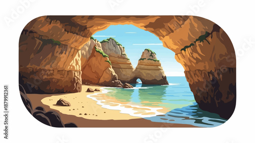 A sunny beach scene viewed through a cave opening, showing cliffs and blue ocean