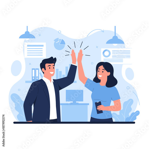 Man and Woman High Fiving in Office.