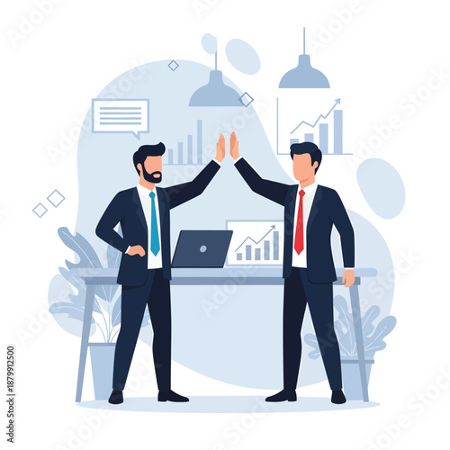 Two Businessmen in Suits High Fiving.