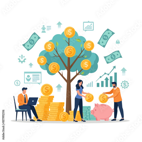 People Saving Money in Tree Concept.