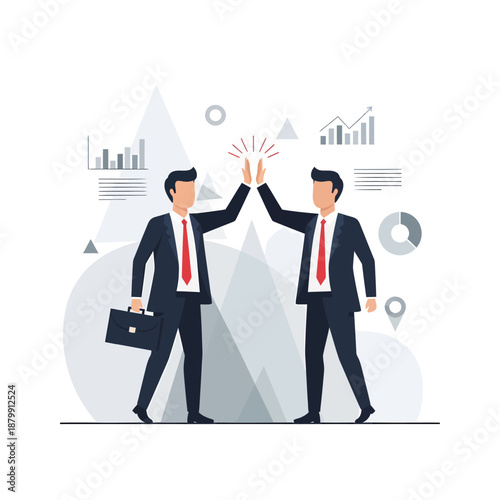 Two Businessmen in Suits High Fiving.